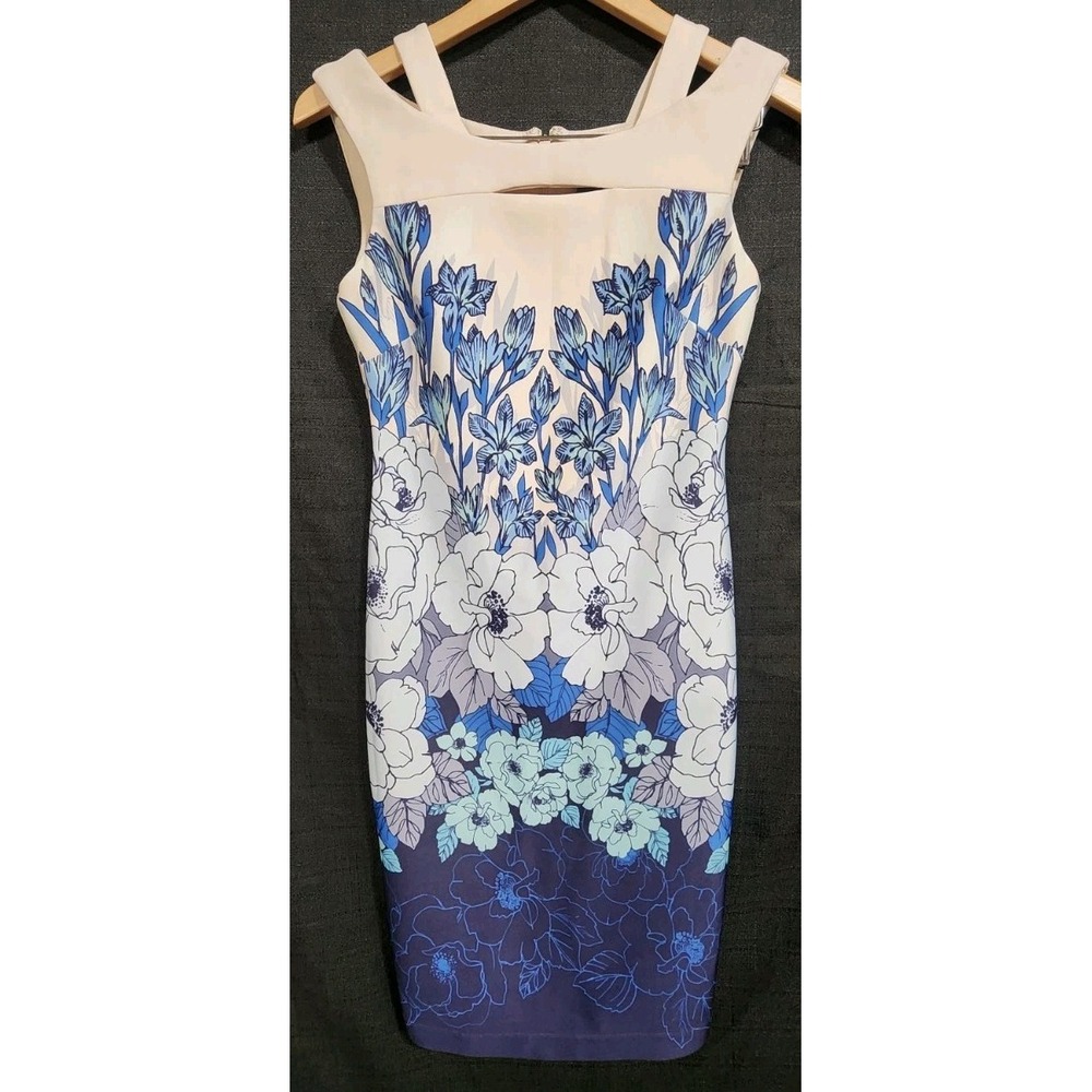 Taylor Womens Dress 2 Ivory Blue Floral Print Sleeveles Cut Out Sheath Office